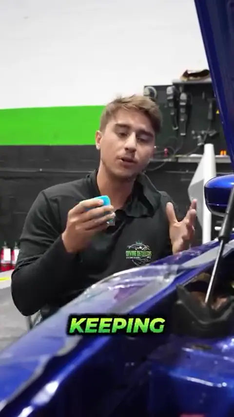 Divine Detailers explaining paint protection film on a blue Dodge Charger